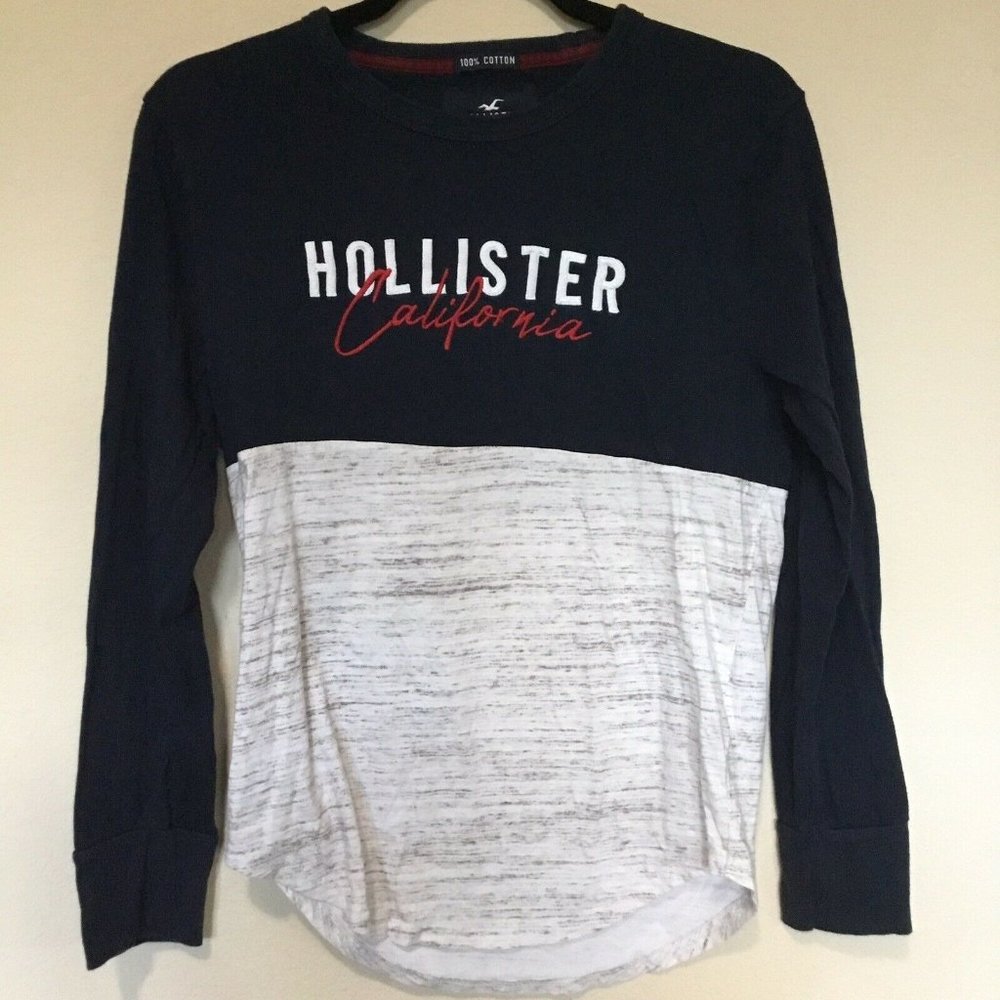 Hollister Shirt Size XS Long Sleeve Curved Hem Tee Blue Gray Mens Spellout